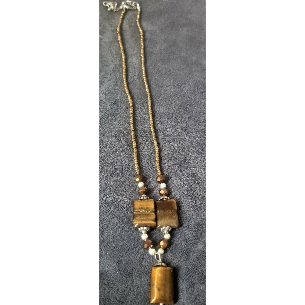 Vintage Tiger's Eye Beaded Dangle Necklace Brown Seed Bead Silver Tone 20-23"